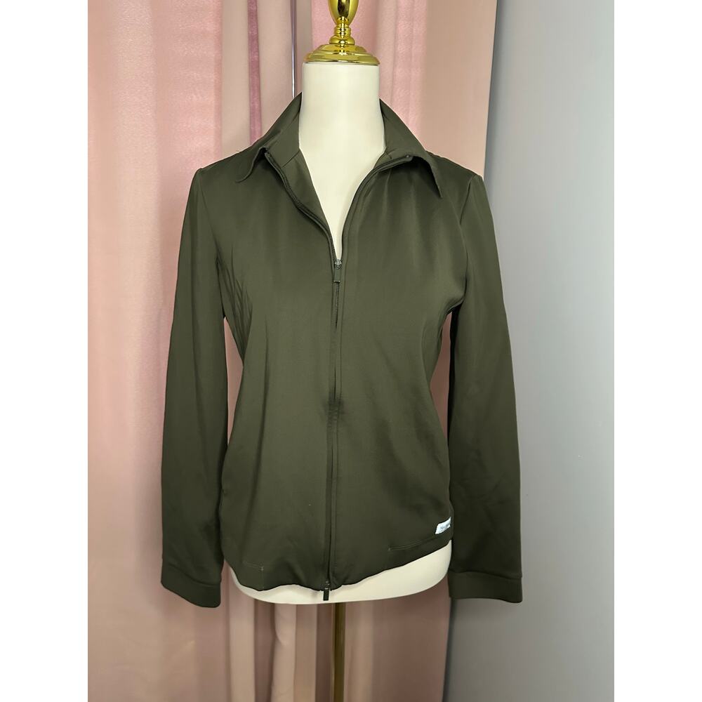EUC Max Mara Aia Stretch Jersey Shirt Full Zip Jacket Olive Green READ Sz Medium